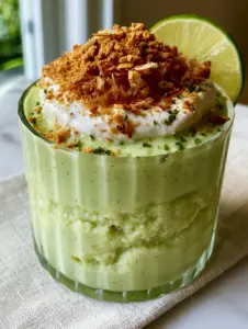A thick and creamy pale lime-green Coconut Key Lime Pie Smoothie in a ribbed glass with toasted coconut and vanilla bean specks.