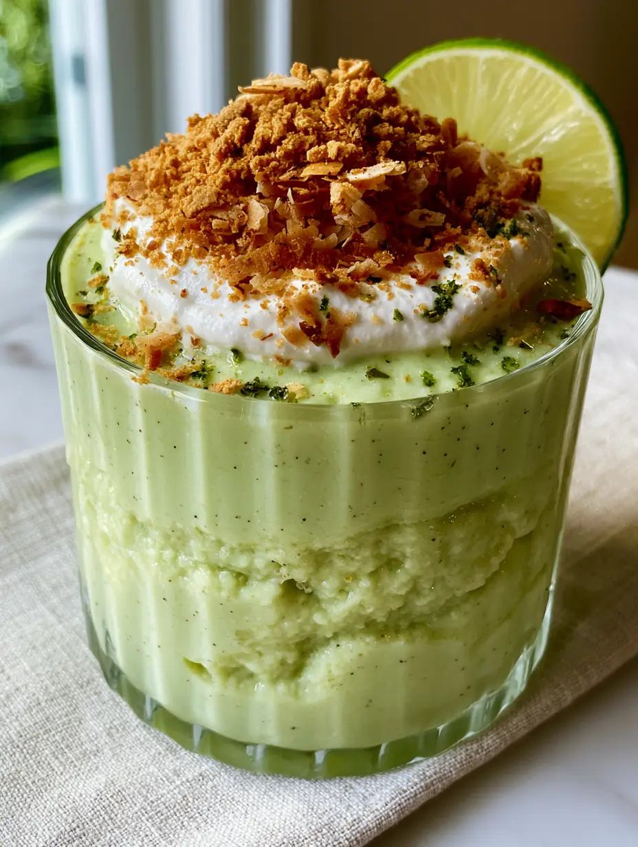 A thick and creamy pale lime-green Coconut Key Lime Pie Smoothie in a ribbed glass with toasted coconut and vanilla bean specks.