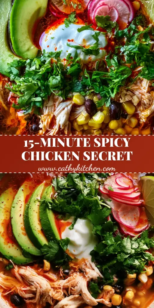 Spicy Chicken Soup: The Ultimate Mexican-Inspired Comfort Bowl 4 Top-down view of Spicy Chicken Soup in a ceramic bowl with avocado, radish, and crema toppings.