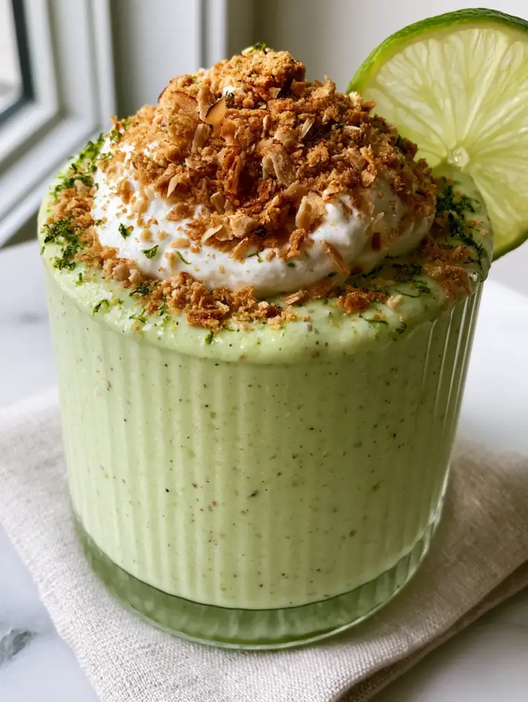 Close up of the toppings on a Coconut Key Lime Pie Smoothie including golden-brown coconut flakes and a fresh lime wheel.