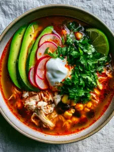 A matte ceramic bowl filled with Spicy Chicken Soup showing translucent red-orange broth and shredded white meat.