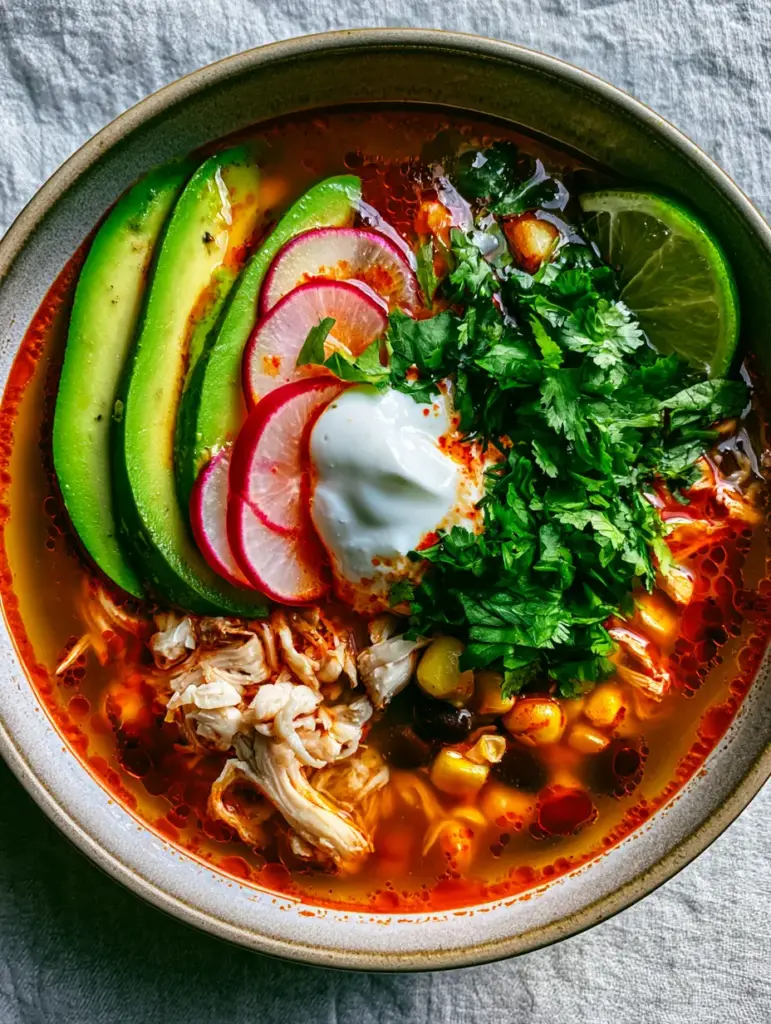 Spicy Chicken Soup: The Ultimate Mexican-Inspired Comfort Bowl 2 A matte ceramic bowl filled with Spicy Chicken Soup showing translucent red-orange broth and shredded white meat.