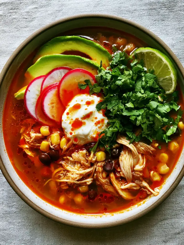 Spicy Chicken Soup: The Ultimate Mexican-Inspired Comfort Bowl 1 Close up of Spicy Chicken Soup garnished with avocado, radish slices, and a dollop of Mexican crema.