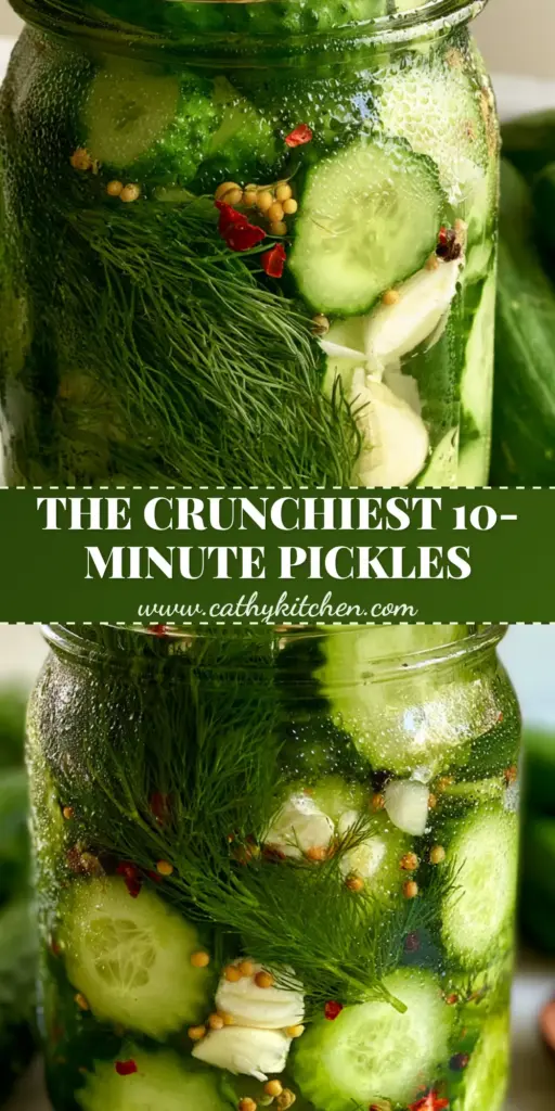A close-up of a glass mason jar filled with crinkle-cut Quick-Pickled Cucumbers, fresh dill, and garlic on a marble counter. (Quick-Pickled Cucumbers)
