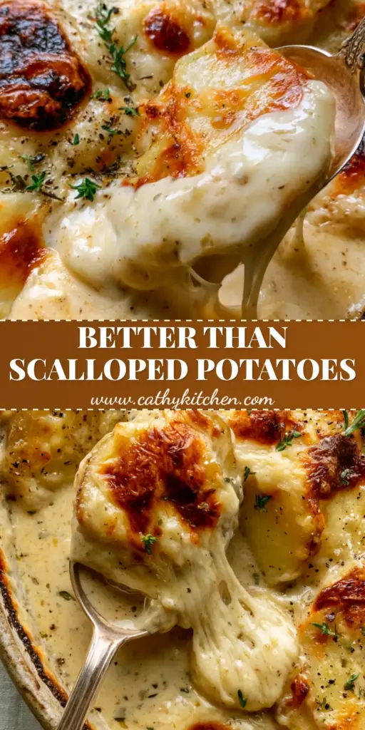 A close-up of creamy pour-over potatoes in a stoneware dish with a gooey cheese pull from a vintage spoon.