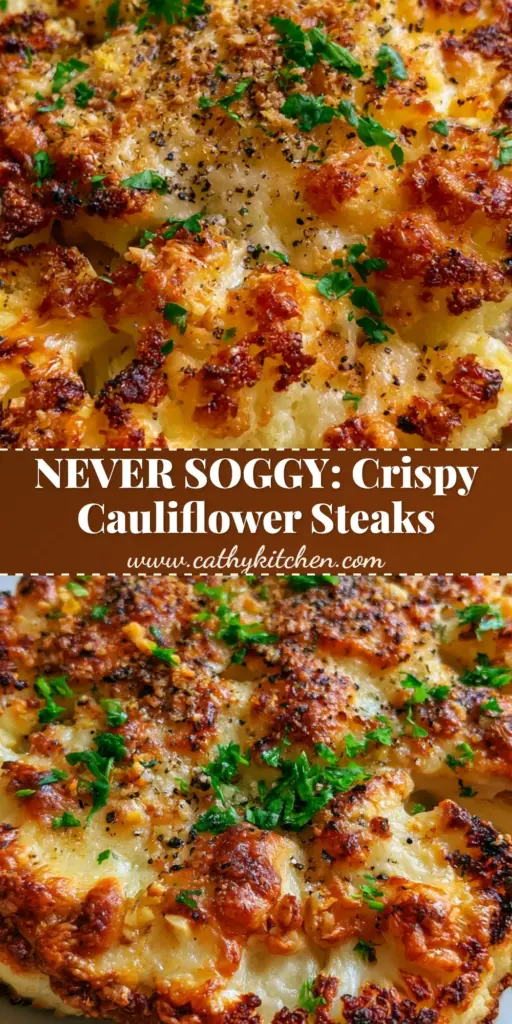 A close-up POV of a thick-cut Baked Cauliflower Steak with a bubbly, golden Parmesan crust and fresh parsley.