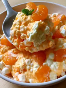 A close-up scoop of Orange Fluff Salad showing airy peaks and mandarin segments on a silver spoon. (Orange Fluff Salad)