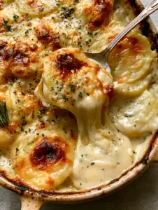Overhead angled shot of creamy pour-over potatoes with charred cheese edges and fresh rosemary sprigs.