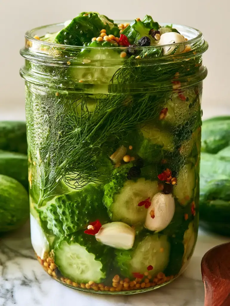 Smashed garlic and red pepper flakes floating among Quick-Pickled Cucumbers slices in a mason jar with condensation. (Quick-Pickled Cucumbers)