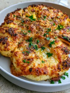 Close-up of roasted Baked Cauliflower Steaks showing deep golden-brown caramelized edges and a bubbly cheese crust.