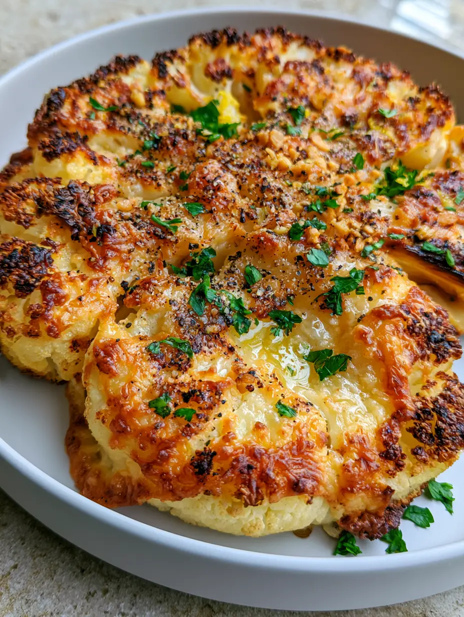 Close-up of roasted Baked Cauliflower Steaks showing deep golden-brown caramelized edges and a bubbly cheese crust.