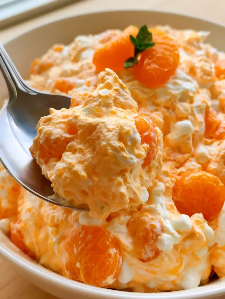 Vibrant Orange Fluff Salad in a ceramic bowl with a soft matte finish and mint garnish. (Orange Fluff Salad)