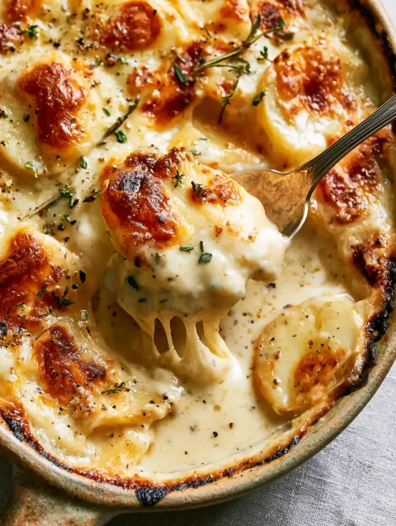Close-up texture of golden-brown toasted cheese crust on creamy pour-over potatoes.