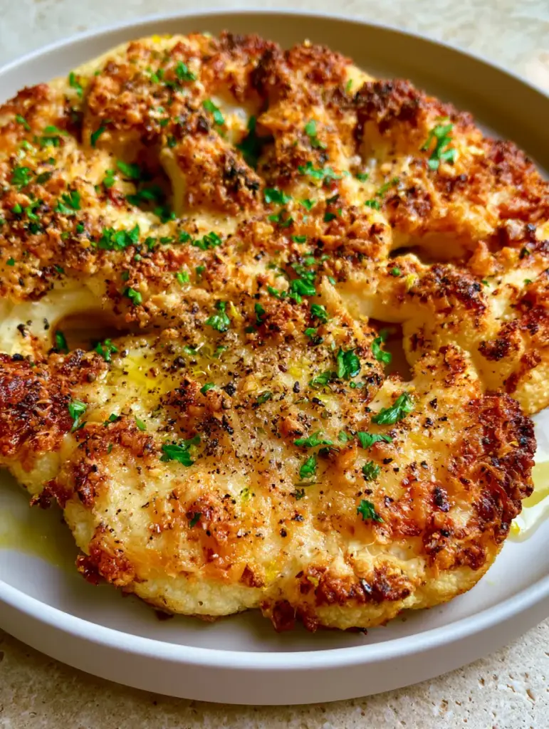 Roasted cauliflower steak on a matte white ceramic dish with lemon zest and cracked black pepper.