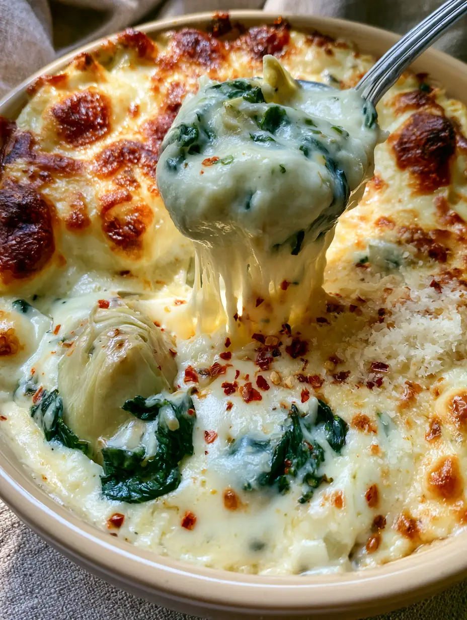 Top-down view of creamy spinach and artichokes in a ceramic pot with a bubbling toasted mozzarella crust and red pepper flakes.