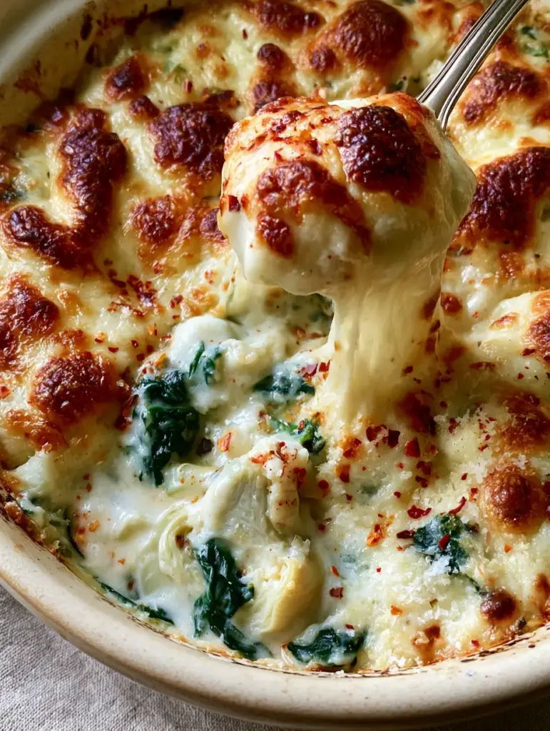 Detailed view of the thick velvety white cream sauce and dark green spinach ribbons in the creamy spinach and artichokes dip.