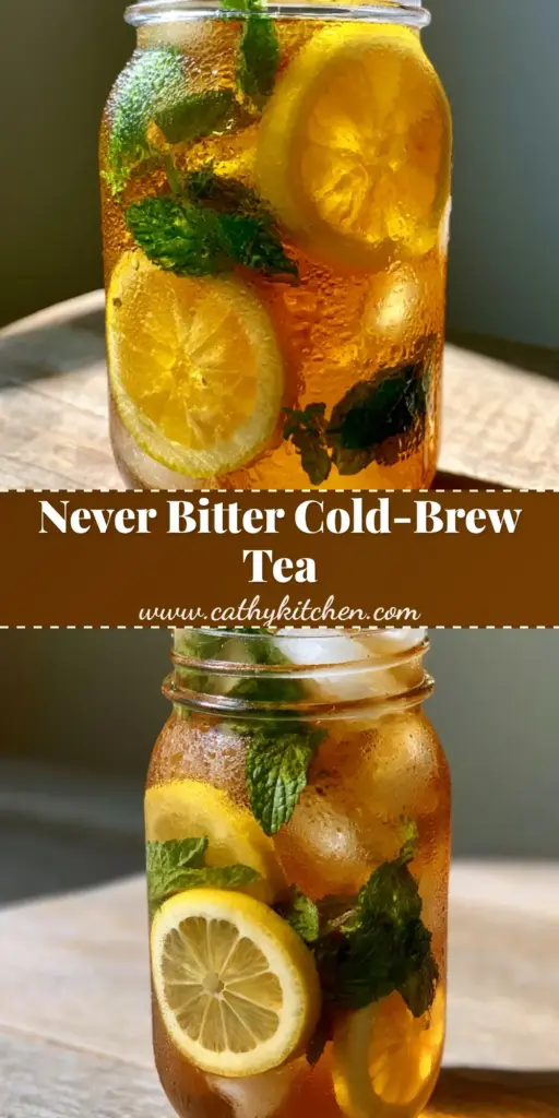 Cold-Brew Iced Tea: The Ultimate Guide to Crystal-Clear, Never-Bitter Refreshment 3 A handheld smartphone photo of cold-brew iced tea in a tall, condensation-beaded glass mason jar with lemon wheels and mint. (cold-brew iced tea)