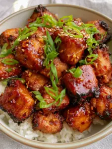 Close-up of crispy pork bites coated in a glistening amber-red sweet chili garlic glaze. (spicy sweet chili garlic pork bites)