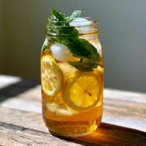 A crystal-clear golden-amber cold-brew iced tea on a rustic wood surface. (cold-brew iced tea)