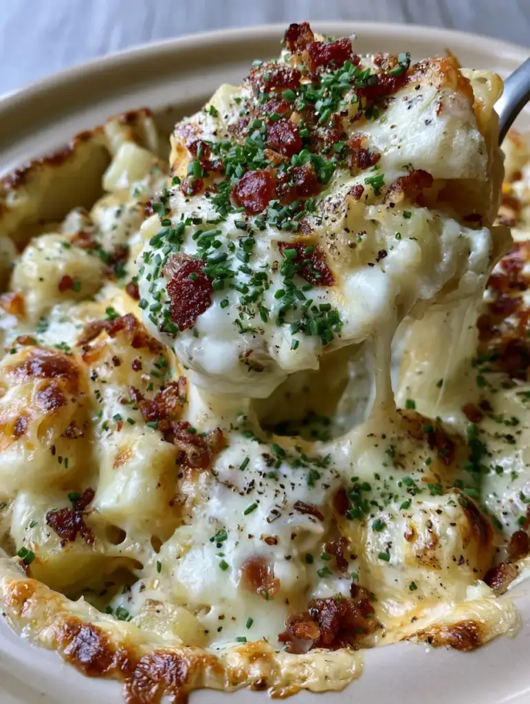 A large spoonful of cheesy potatoes being lifted from a slow cooker with a long cheese pull.