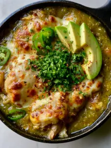 Close-up of Salsa Verde Chicken Skillet showing charred chicken thighs and emerald green sauce.