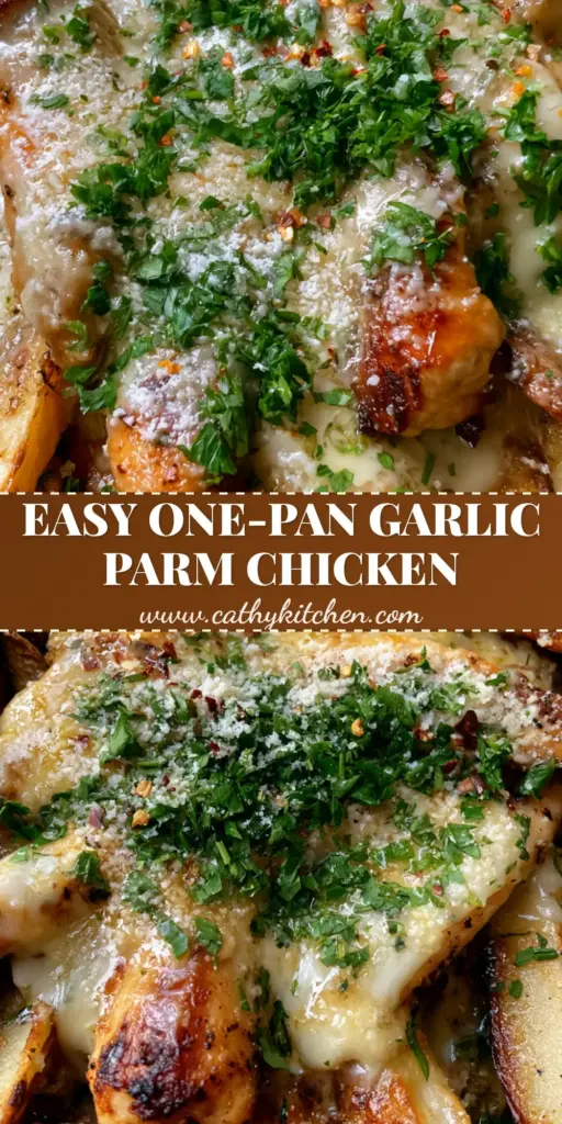 A top-down shot of a Garlic Parmesan Chicken and Potatoes Skillet in a black cast iron pan with melted bubbling cheese and fresh parsley.
