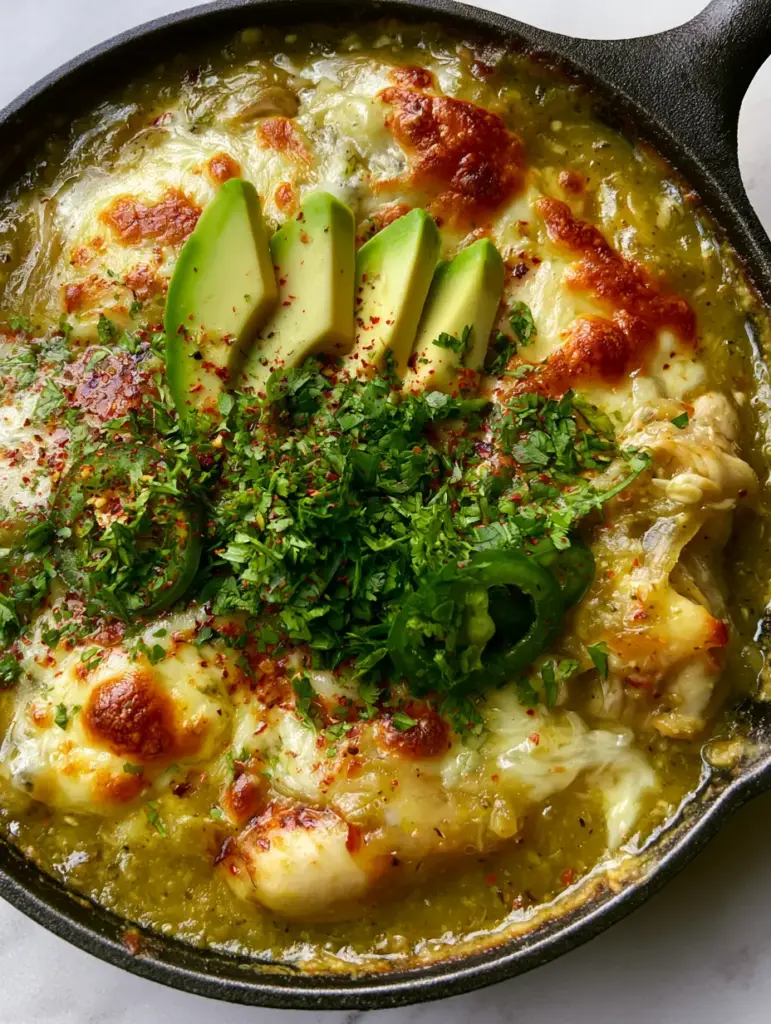 Top down view of molten Monterey Jack and toasted white cheddar on Salsa Verde Chicken Skillet.