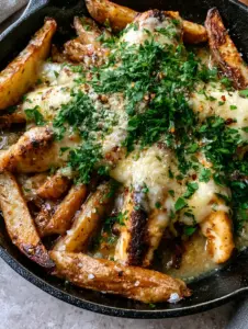 Close-up of seared mahogany chicken strips and charred golden potato wedges in a cast iron skillet. (Garlic Parmesan Chicken and Potatoes Skillet)