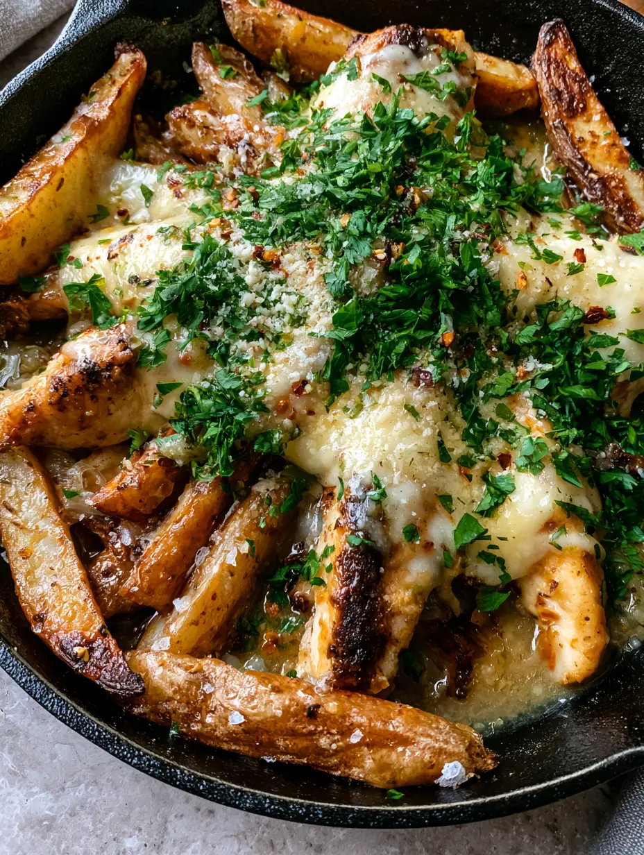 Close-up of seared mahogany chicken strips and charred golden potato wedges in a cast iron skillet. (Garlic Parmesan Chicken and Potatoes Skillet)