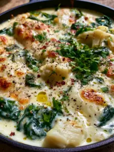 Extreme macro close-up of a spinach artichoke chicken skillet showing bubbly cream sauce and golden-brown seared chicken medallions.
