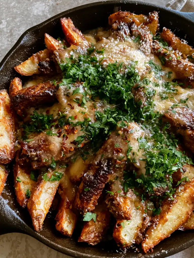 Bubbling melted parmesan cheese over chicken and potatoes with red pepper flakes and parsley garnish.
