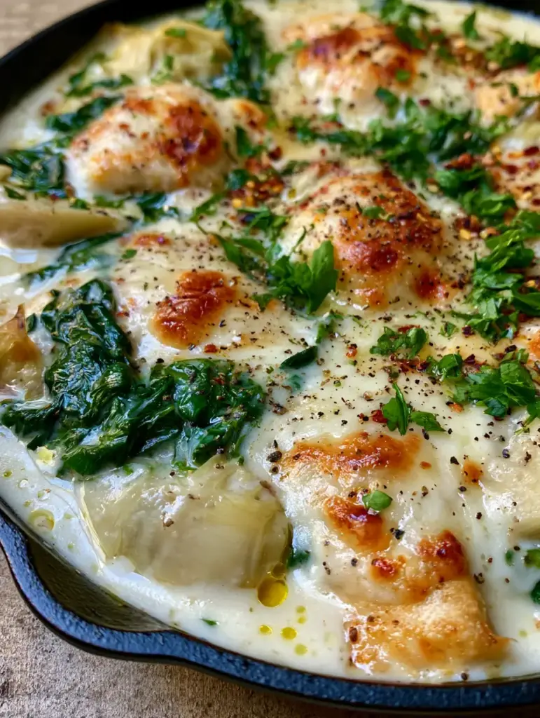 Detail shot of chunky marinated artichokes and wilted spinach in a thick white cream sauce in a cast iron skillet.