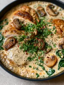 Close-up of seared golden-brown chicken breast slices in a thick ivory garlic cream sauce with wilted spinach. (Creamy Chicken Mushroom Spinach Skillet)