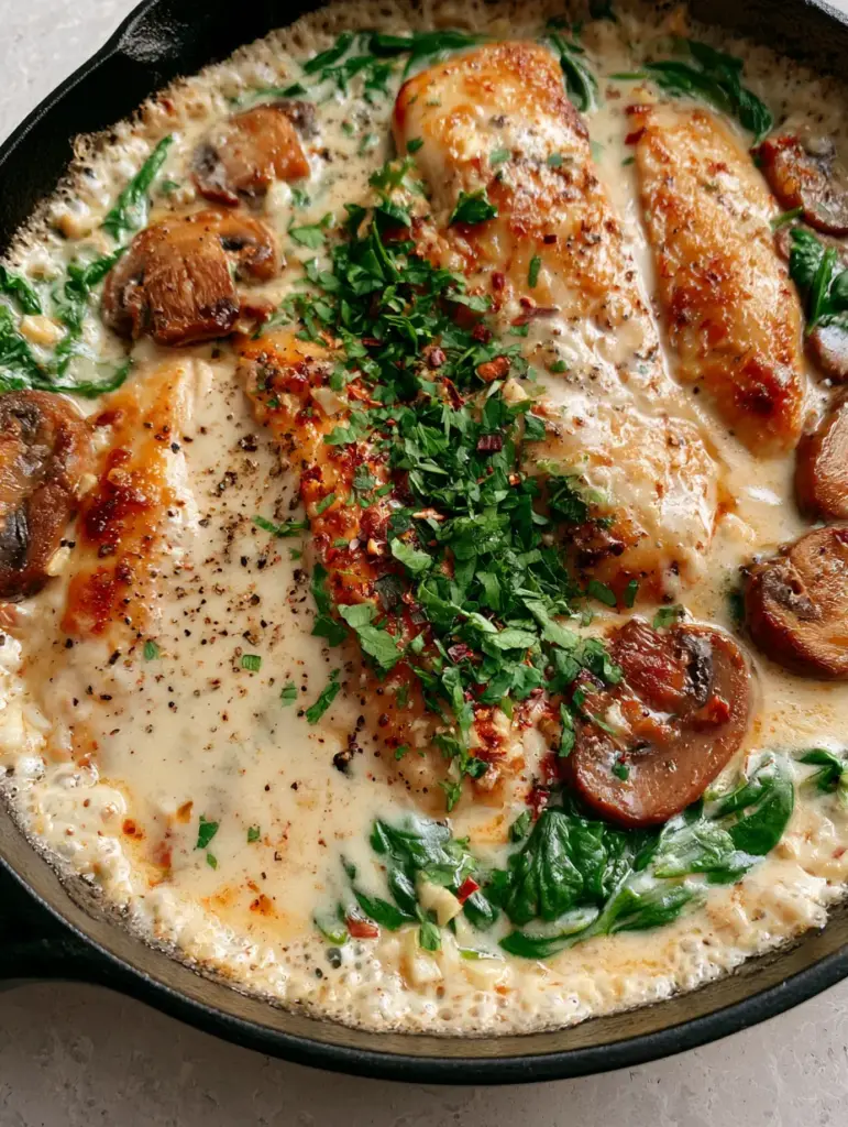 Vibrant green baby spinach and deeply browned cremini mushrooms inside a matte black skillet. (Creamy Chicken Mushroom Spinach Skillet)