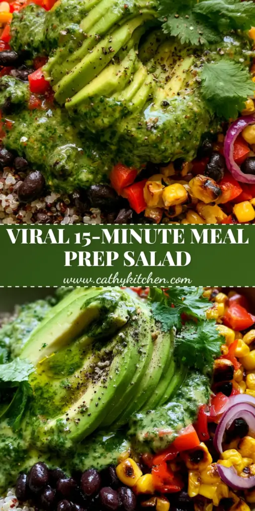 Top-down view of a vibrant Southwest quinoa salad with charred corn, black beans, and fanned avocado in a matte bowl.