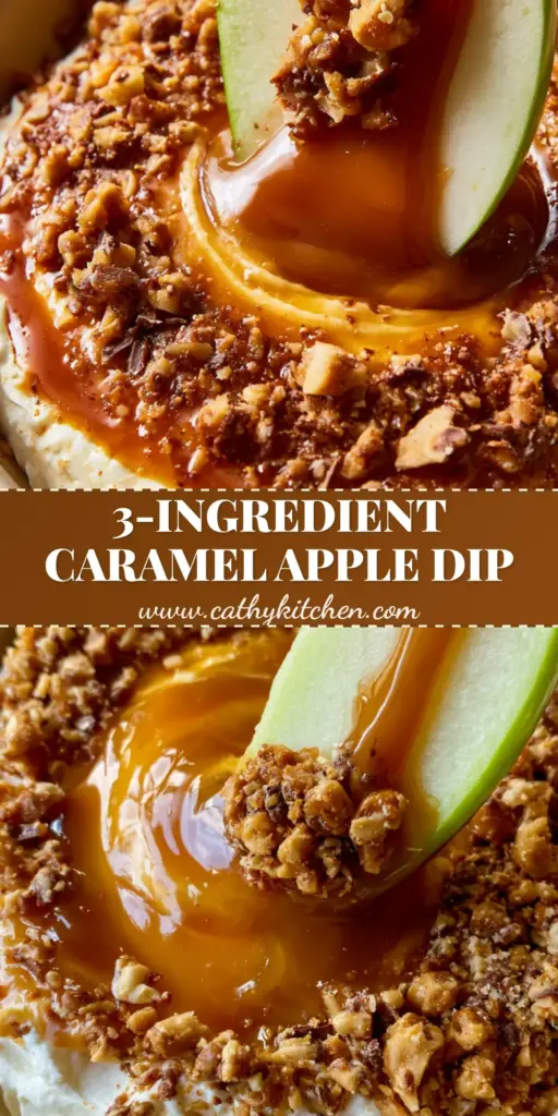A close-up vertical shot of a Caramel Apple Dip bowl with thick caramel swirls and toffee bits, surrounded by fresh apple slices.