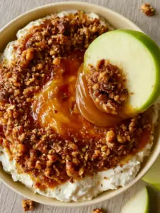 Top-down macro shot of Caramel Apple Dip in a cream bowl showing thick caramel swirls and Heath toffee bits with milk chocolate flecks.