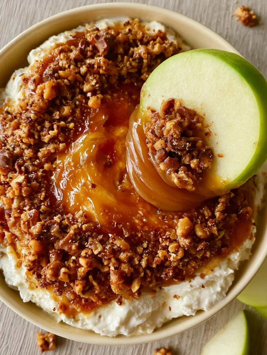 Top-down macro shot of Caramel Apple Dip in a cream bowl showing thick caramel swirls and Heath toffee bits with milk chocolate flecks.