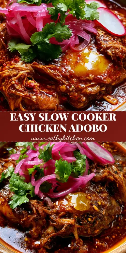 A rustic bowl of shredded Mexican chicken adobo topped with pickled red onions and radishes.