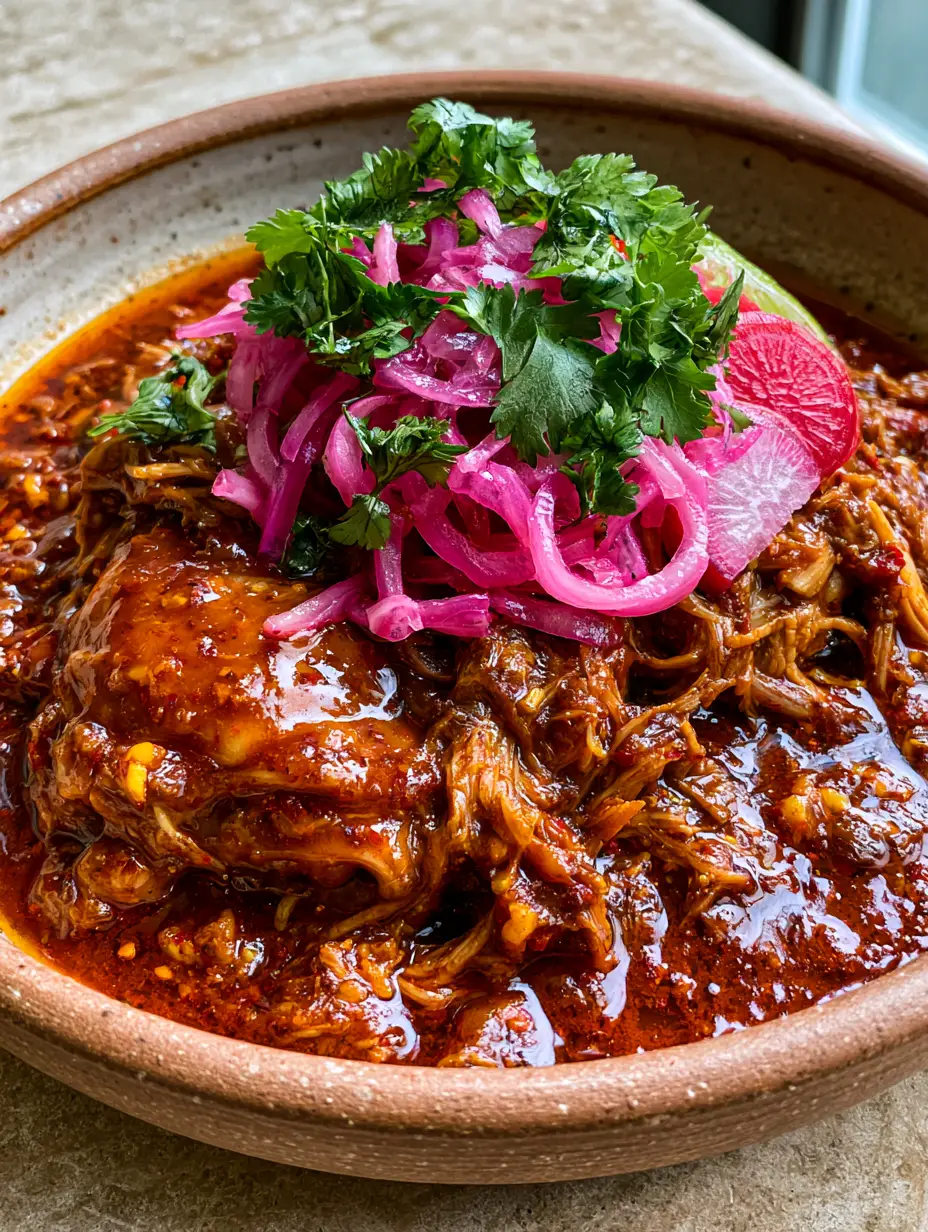 Close up of shredded chicken thighs in a deep reddish-amber adobo sauce with lime juice droplets. (Mexican chicken adobo)