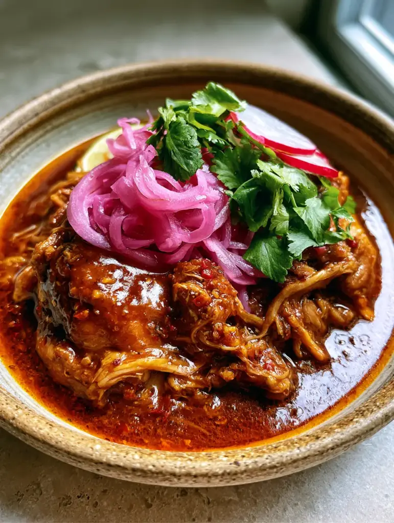 Rustic ceramic bowl of Mexican chicken adobo with fresh cilantro and translucent radish slices on a stone countertop.