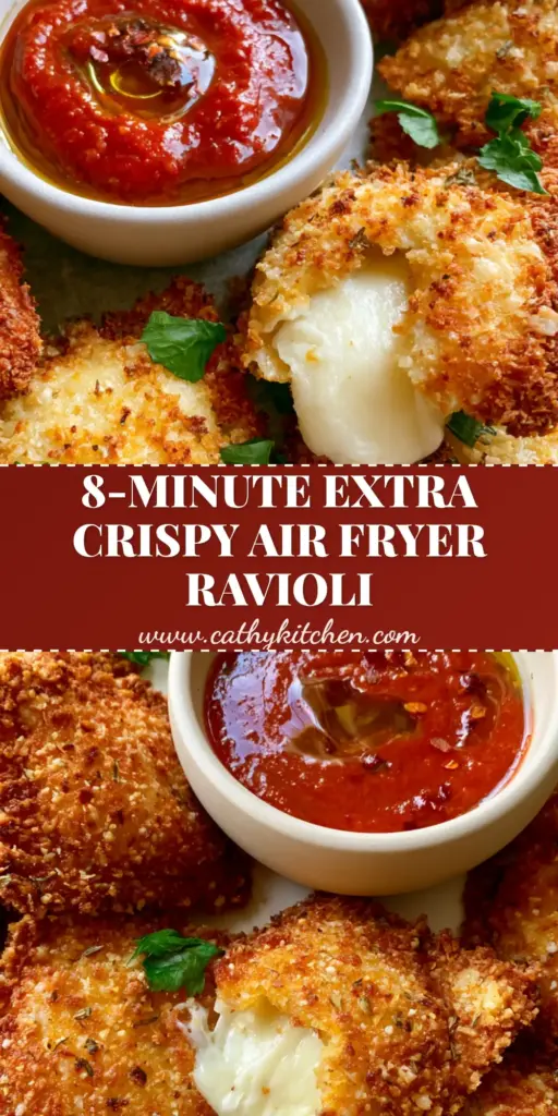 Top-down view of extra Crispy Air Fryer Ravioli with a golden panko crust, served with chunky marinara sauce and fresh parsley on a gray stone surface.