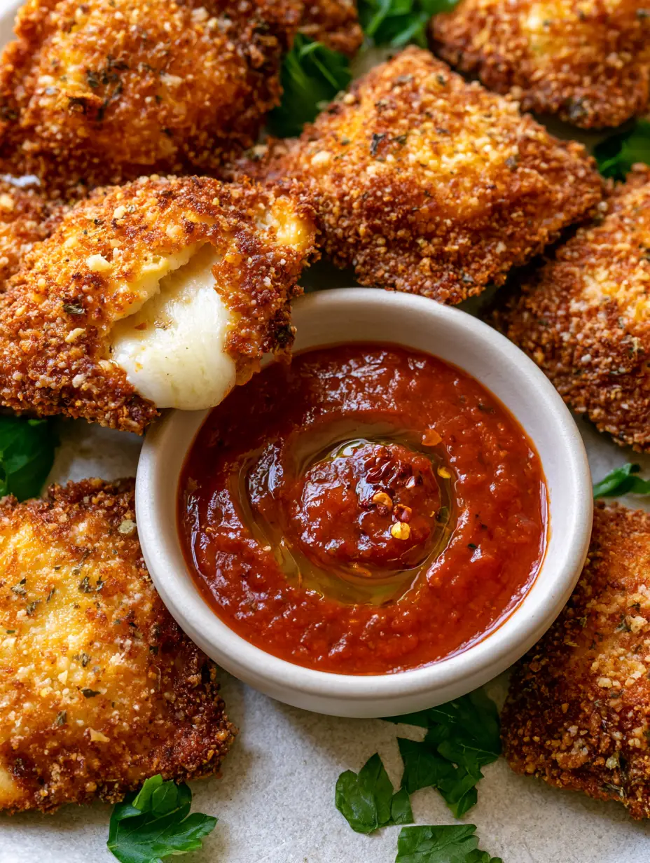 A 45-degree side-angle view of Crispy Air Fryer Ravioli showing the jagged panko texture and melted mozzarella cheese inside a broken ravioli.