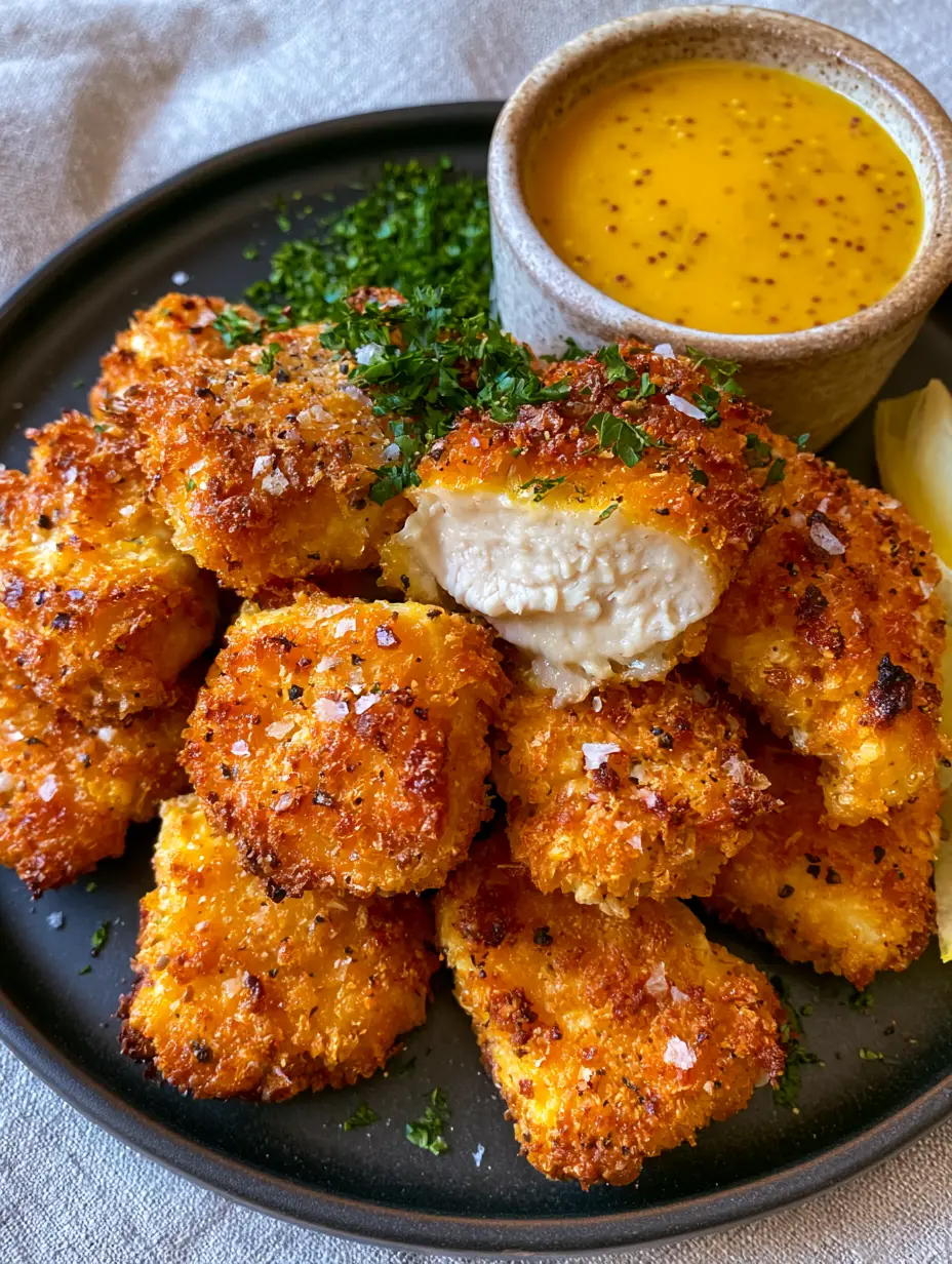 Deeply golden-brown panko chicken bites with visible sea salt and parsley. (air fryer recipes)