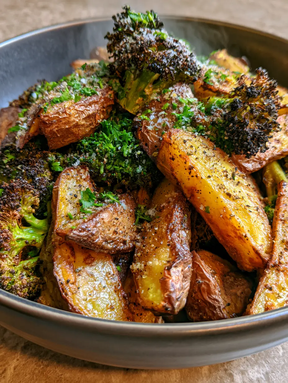 Macro shot of extra-crispy air-fried potato wedges with jagged edges and charred broccoli florets. (air fryer side dishes)