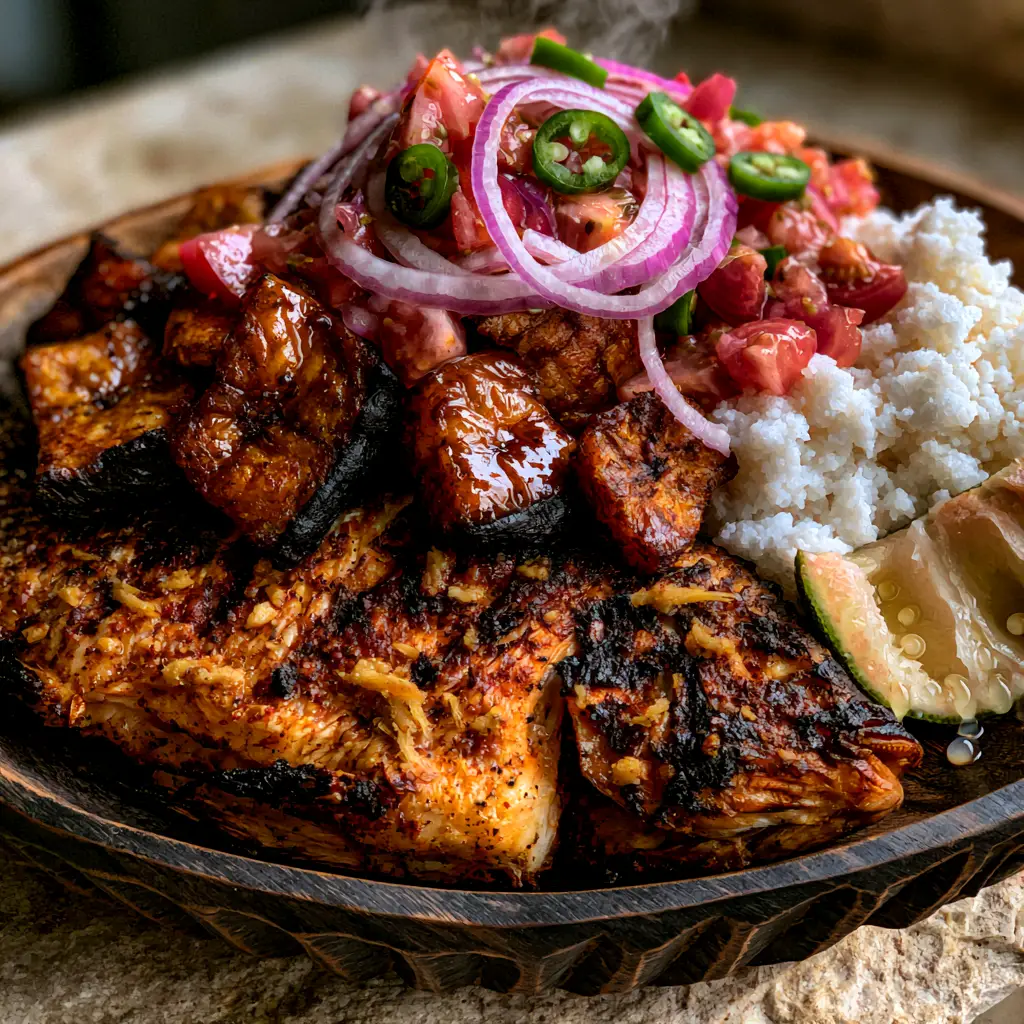 Ivorian Recipes: The Ultimate Crispy Grilled Tilapia with Alloco and Attiéké 2 Ultra-realistic photo of deeply charred tilapia and glossy fried plantains. (Ivorian recipes)