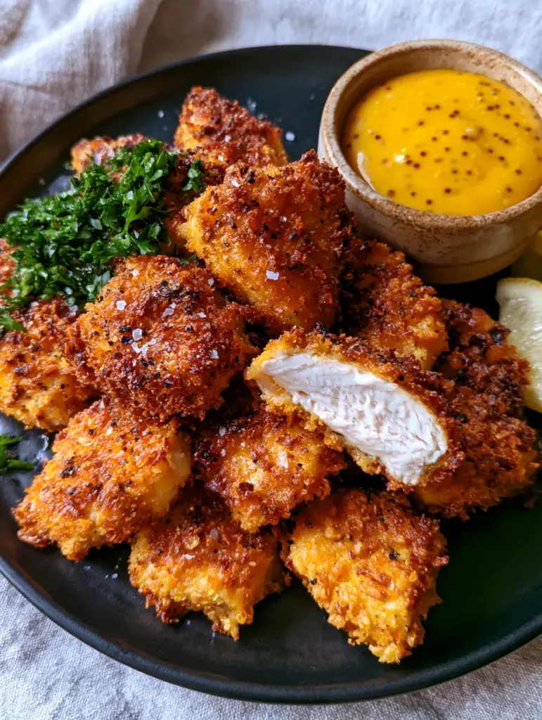 A sliced chicken bite showing steaming juicy white meat inside a crispy crust.