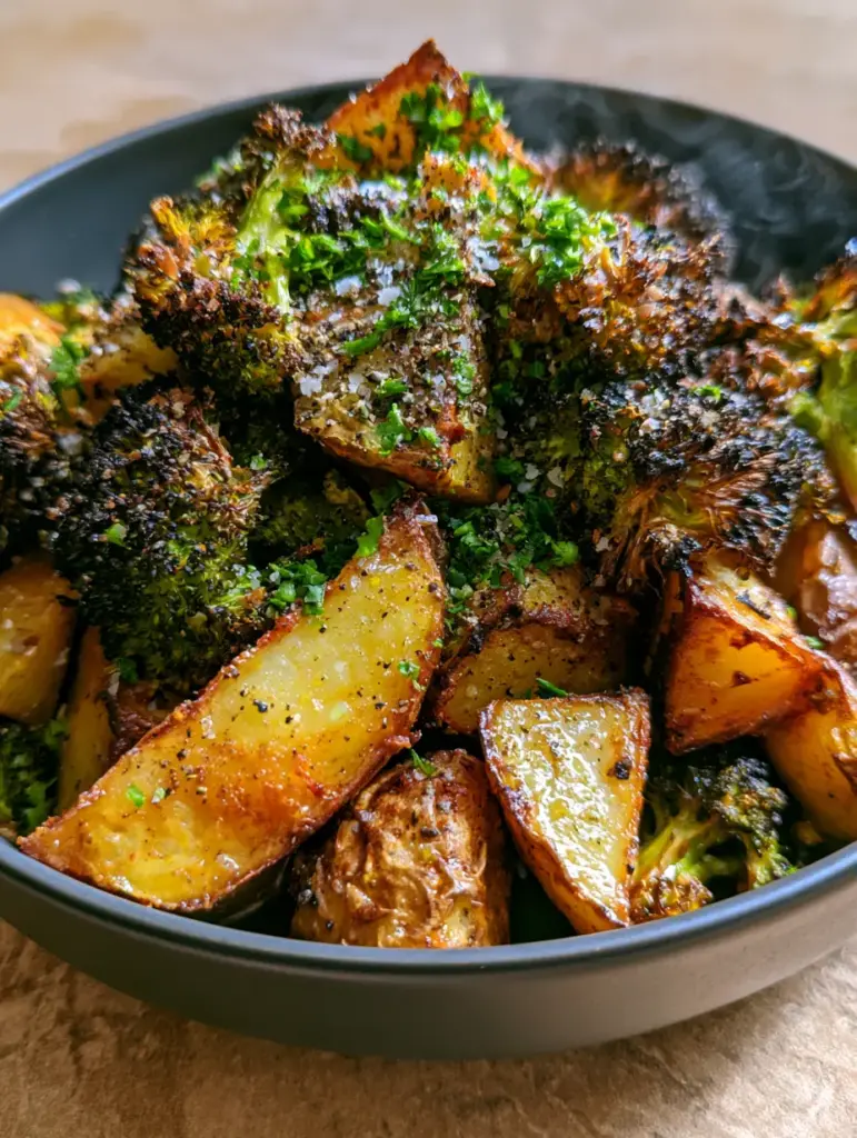 Eye-level shot of glistening air-fried vegetables with a dusting of sea salt and fresh parsley.