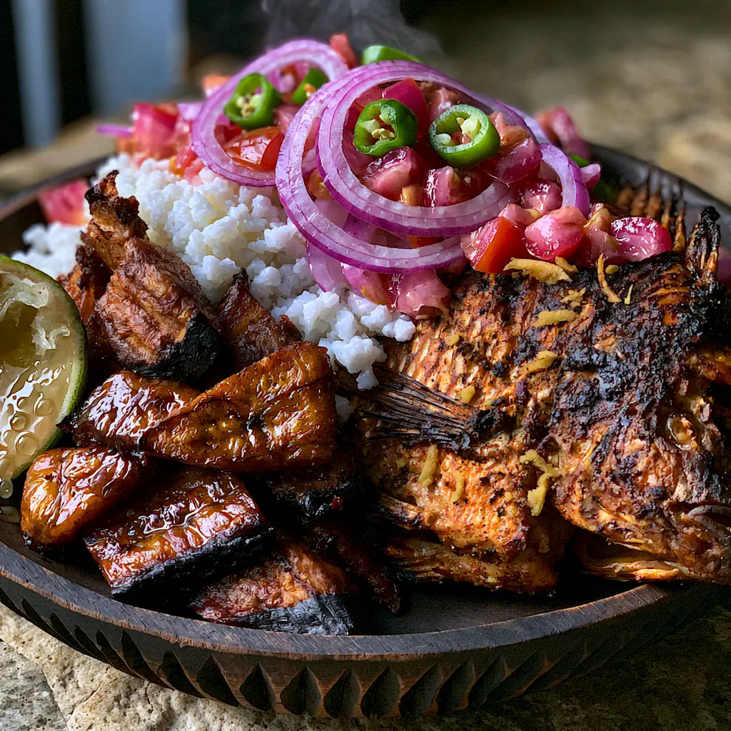 Ivorian Recipes: The Ultimate Crispy Grilled Tilapia with Alloco and Attiéké 1 Plated Ivorian fish with snow-white Attiéké and vibrant vegetable salsa.