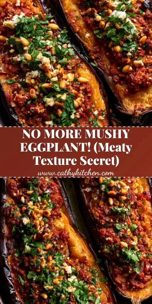 A top-down shot of Mediterranean stuffed eggplant with seared beef, feta, and pine nuts in a dark ceramic dish. (Stuffed eggplant)